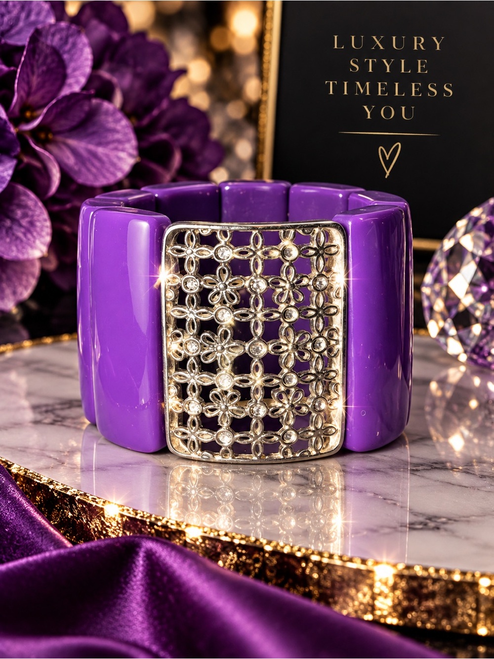 Purple Statement Stretch Bracelet Silver Tone Floral Filigr
